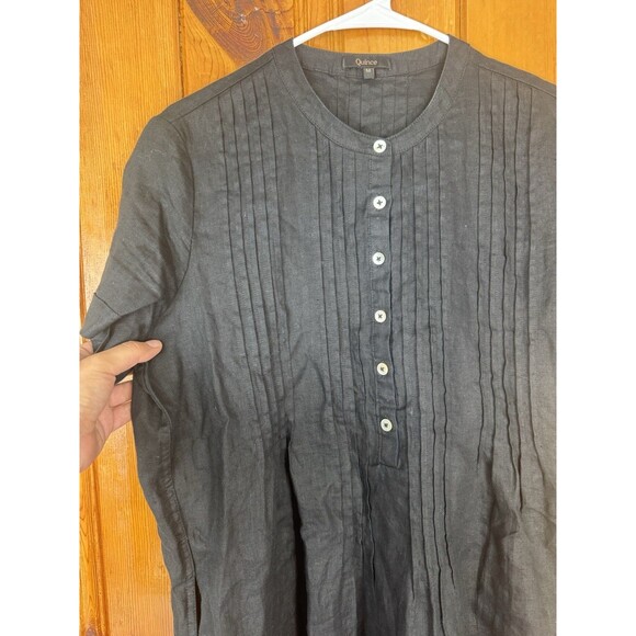 Quince Womens 100% European Linen Short Sleeve Swing Dress Black Medium Pleats - Picture 3 of 8